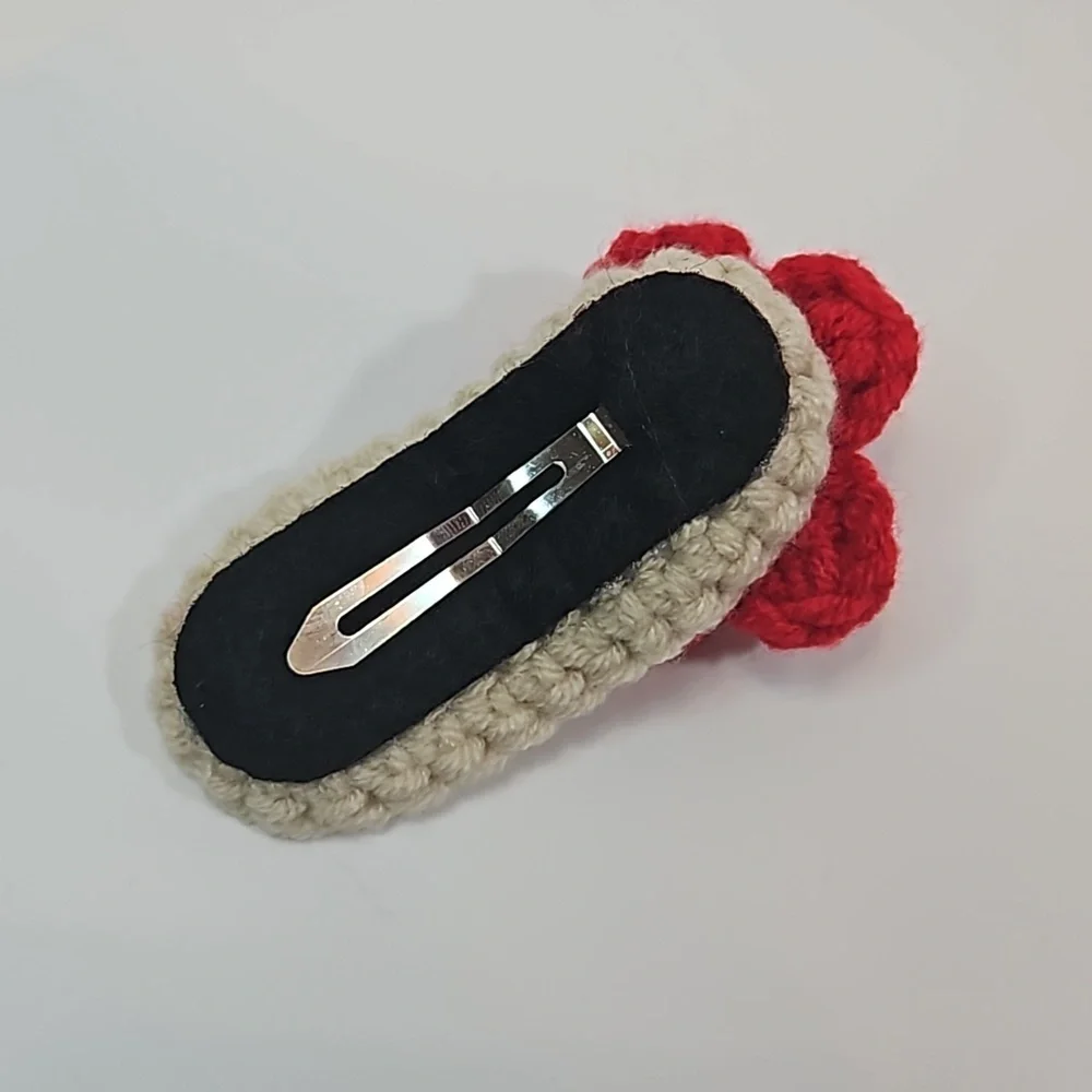 Hand Crafted Handmade Crochet Hair Clip Hand knit Puffy Red Flower Snap Clip 3